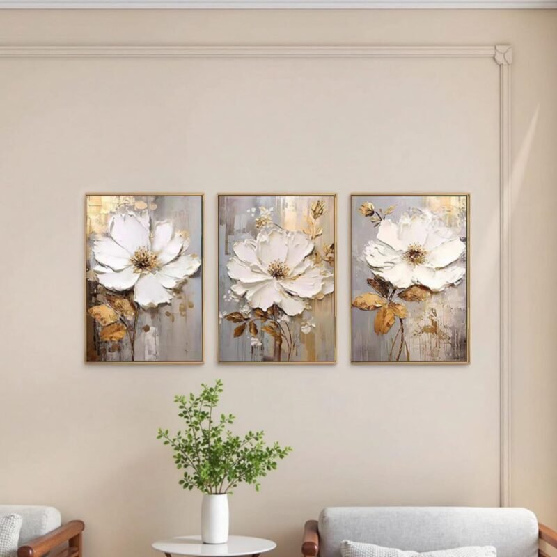Hand Painted White Flower Wall Art for Living Room,3D Thick Textured Oil Painting with Frame for Bedroom, 3 PCS Gold Abstract Wall Decor Floral Painting Home Decoration for Office 28x60inches