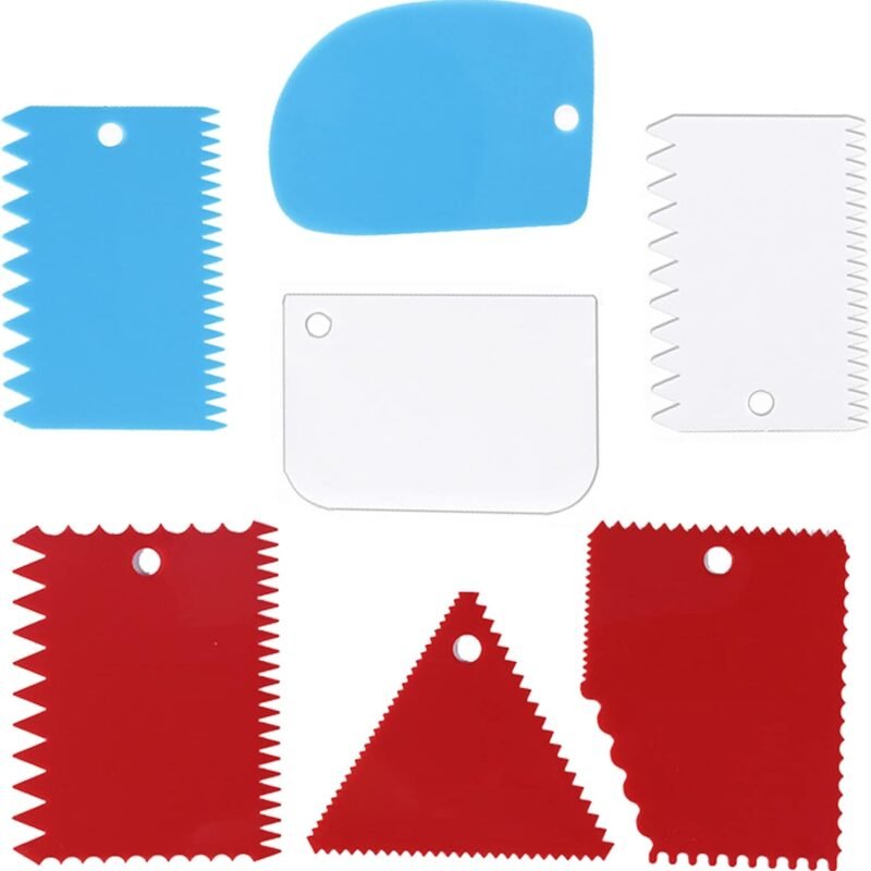 Cake Smoother Scraper Dough Scraper Tools Set,Cake Icing Scraper Smoother,Reble Bread Cream Pizza Cutter,Flexible Plastic Pastry Cutter,For Baking Cake Edge Stripe Decorating Comb(7Pcs,Multicolor)