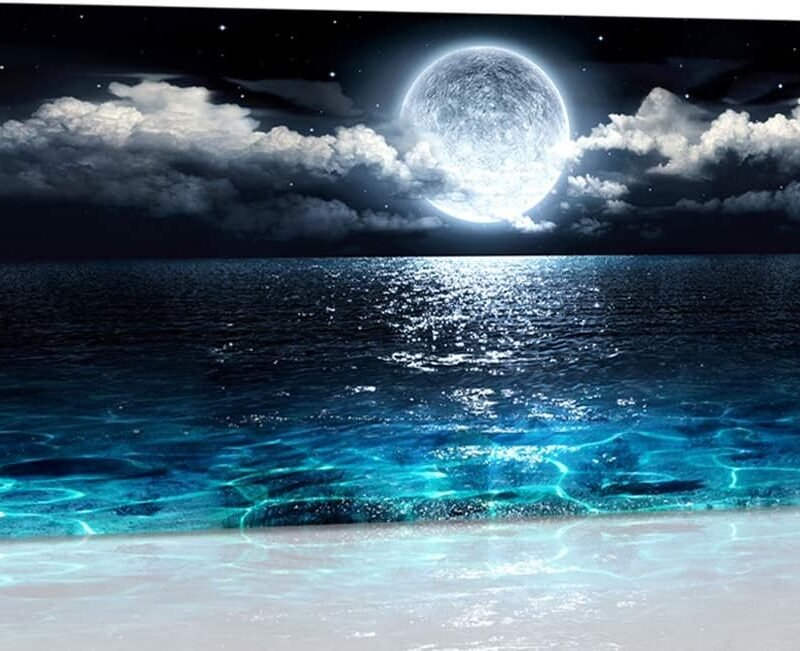 Wall Art Moon Sea Ocean Landscape Picture Canvas Wall Art Print Paintings Modern Artwork for Living Room Wall Decor and Home Décor Framed Ready to Hang,1inch Thick Frame, Waterproof Artwork.