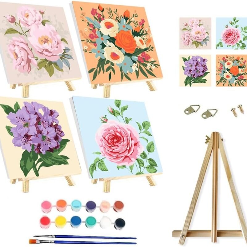 Framed with Easel 4 Packs Flowers Paint by Numbers Kit for Adults Beginners, DIY Easy Acrylic Watercolors Oil Number Painting Art on Canvas with Easel for Home Wall Decor and Gift 8x8inch
