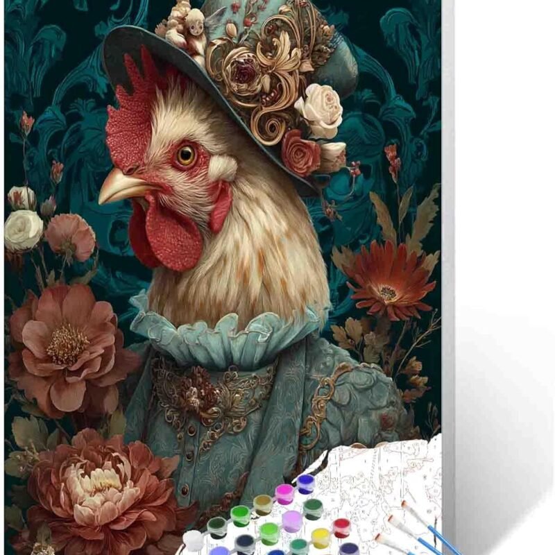 Elegant Rooster Paint by Number for Adults Beginner Animal Wearing Floral Hat Paint by Number Kit on Canvas Pictures for Home Vintage Style Wall Decoration Drawings Gifts 16x20 Inch (Frameless)