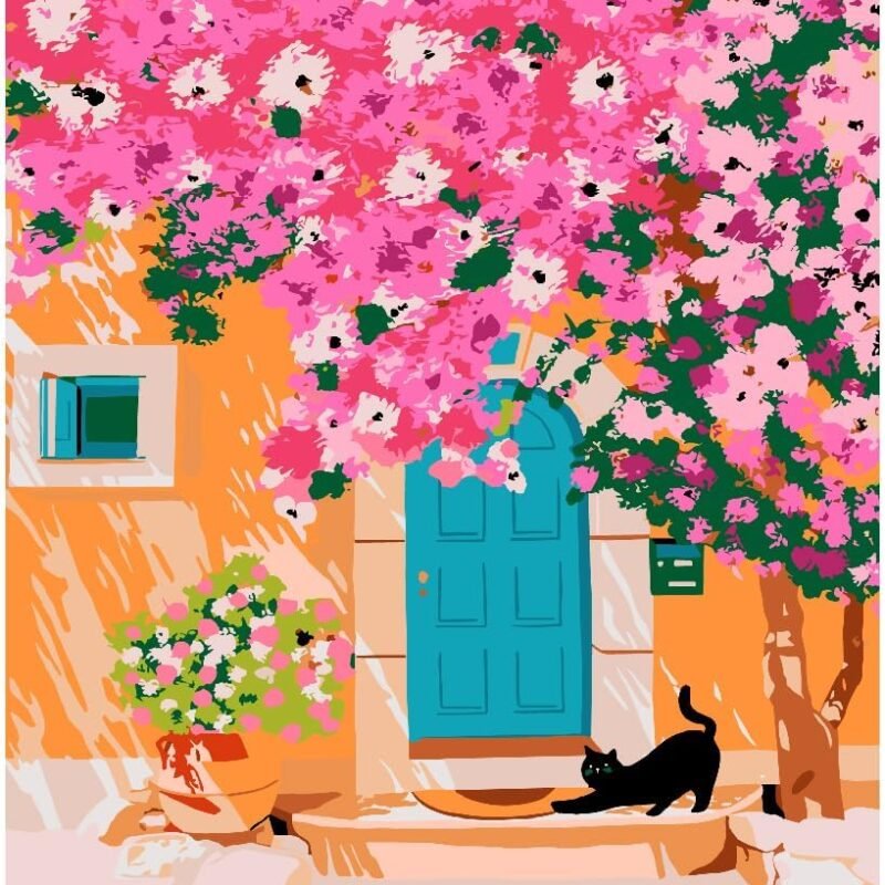 Paint by Numbers for Adults Beginner Blue Door with Flower, Adult Paint by Number On Canvas Flower Door DIY Adult Paint by Number Black Cat Flowers Oil Painting for Gift Home Wall Decor 16x20 Inch