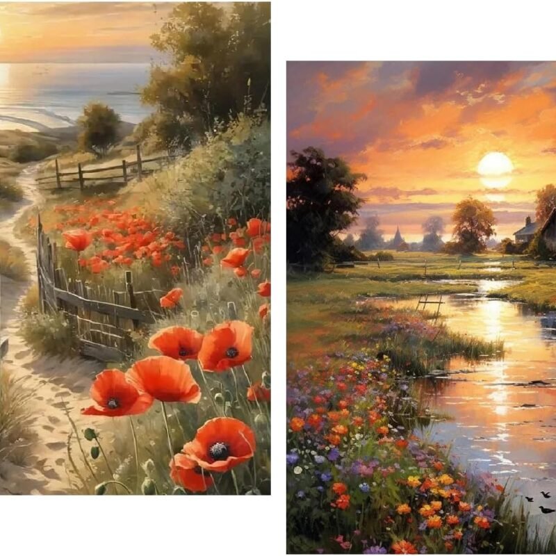 2 Pack Paint by Numbers Kit for Adults - Landscape Flowers Sunset Paint by Number for Beginner DIY Adult Paint by Number Kits on Canvas,Oil Number Painting Kits for Home Decor 12x16 inch