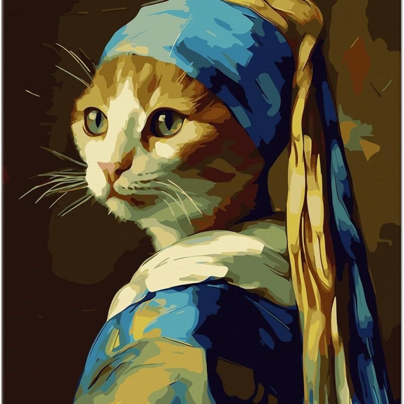 Paint by Numbers for Adults Beginners, DIY Paint by Numbers on Canvas for Kids, Oil Painting Kits for Gift Home Wall Decor, 10 Brushes and Acrylic Paint,16x20 Inch,(Pearl-Earring Cat, Unframed)