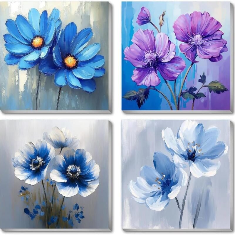 4 Pack Paint by Numbers Kit for Adults Kids, Easy Framed Adults Paint by Numbers Kits, DIY Simple Flowers Acrylic Oil Painting Number Kits for Home Wall Decor (8 x 8 Inch)