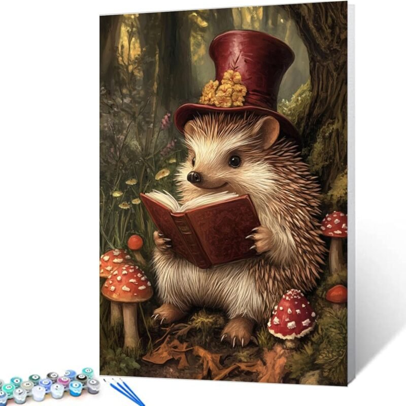 Hedgehog Mushrooms DIY Paint by Numbers for Adults Animals Reading Book Paint by Number Kit on Canvas with Brushes and Pigment for Beginners Home Wall Decor Gifts 16"x20" (Frameless)
