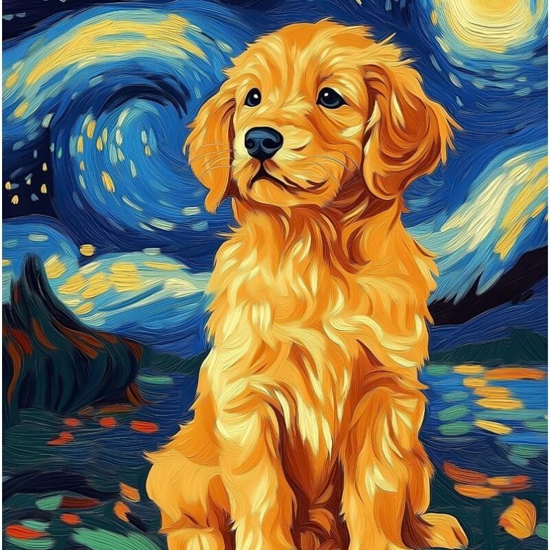 Paint by Numbers Kit for Adults Beginners, 16" Wx20 L Canvas Pictures Painting Acrylic Paintwork with 3 Pcs Paintbrushes, Dog Under The Starry Night