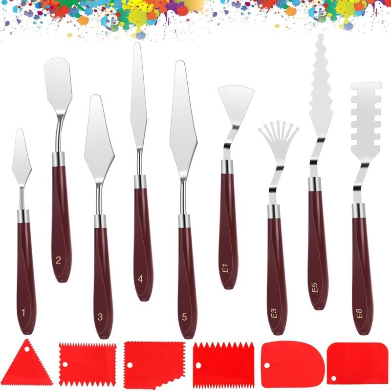15 PCS Palette Knife Set, Stainless Steel Spatula Palette Knives with Plastic Scrapers, Pallet Knife for Oil Canva Acrylic Painting