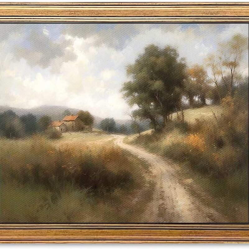 Framed Vintage Wall Art Classical Oil Painting Country Road Canvas Print Kitchen Living Room Farmhouse Wall Decor (Rural Trail, 10L x 8W)