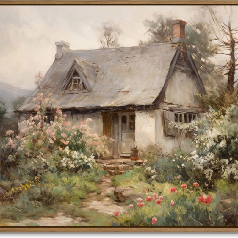 Gardenia Art Framed Old Cottage Wall Art Vintage Landscape Oil Painting Mountain Hut Blooming Wild Floral Canvas Print Country Aesthetic Decor Art for Bedroom Bathroom Living Room Home Décor 12"x16"