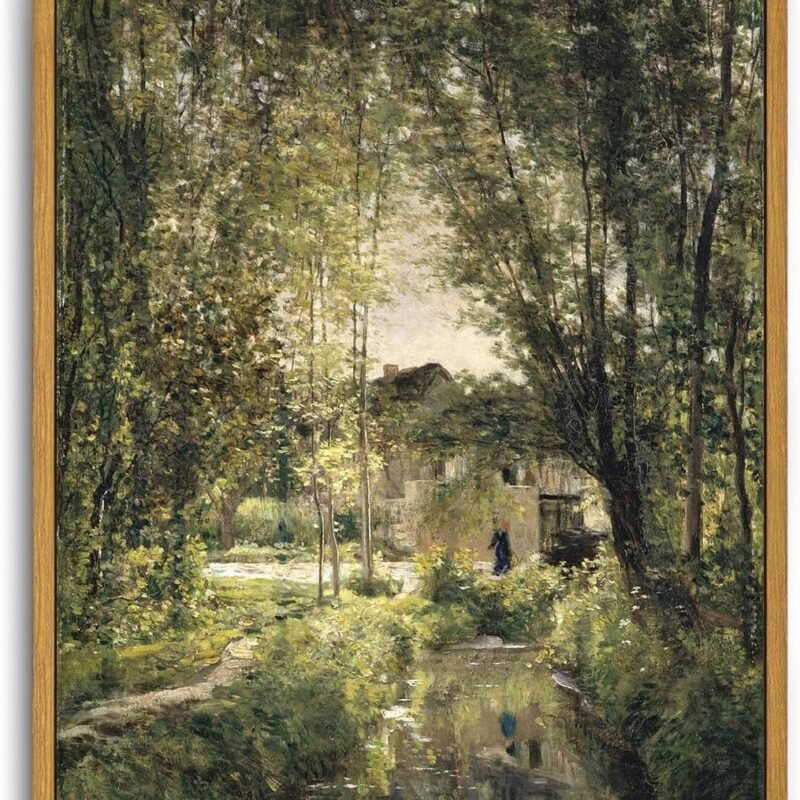 Framed Canvas Wall Art Vintage Print Oil Paintings Landscape with a Sunlit Stream Country Rustic Summer Green French Retro Aesthetic for Home Living Room Bathroom Wall Decor (12"x16")