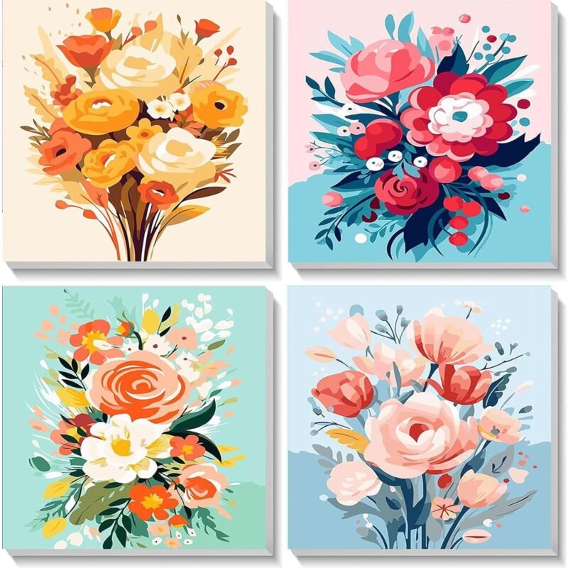 4 Pack Flower Paint by Number for Kids with Wooden Frame, Paint by Numbers for Kids Flowers Ages 4-8-12, Easy Painting with Numbers DIY Acrylic Oil Painting Kits for Home Wall Decor (8X8 inch)