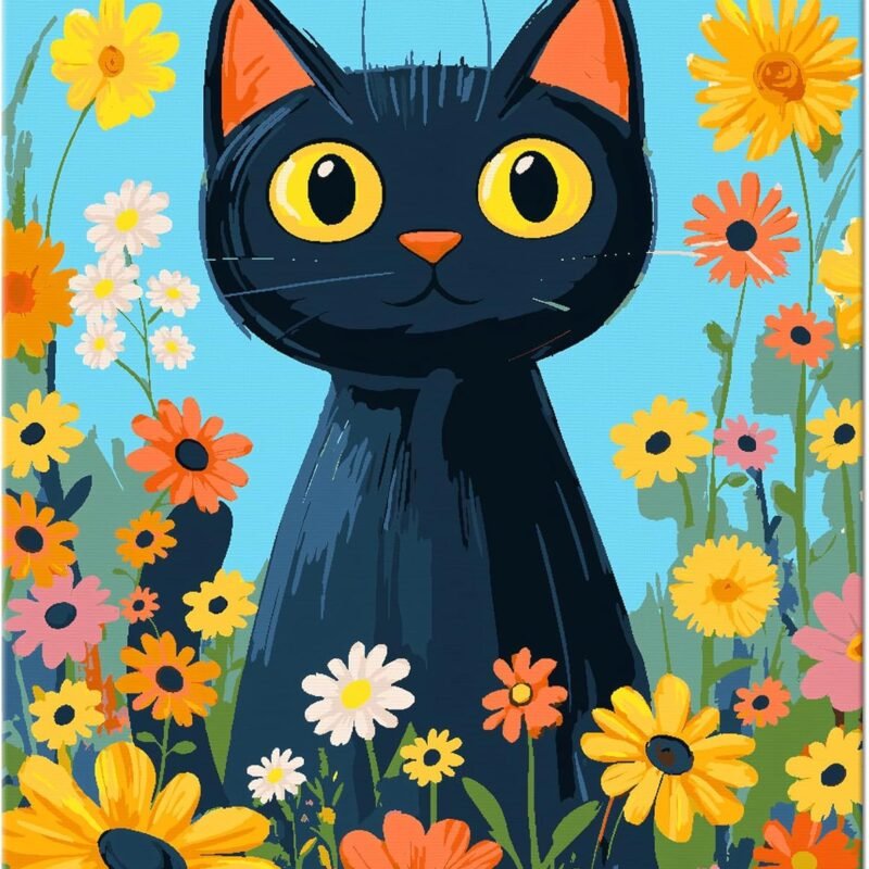 Paint by Numbers for Adults Beginners, DIY Paint by Numbers on Canvas for Kids, Oil Painting Kit for Gift Home Wall Decor, 10 Brushes and Acrylic Paint, 16x20 Inch (Cat in Flowers, Unframed)