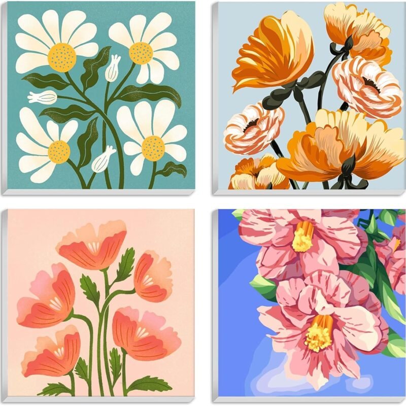 Flowers Paint by Number for Adults Canvas Framed, 4 Pack 10"x10" Easy Framed Paint by Number Kits for Beginner Kids, DIY Simple Flowers Acrylic Oil Painting Number Kits with Frame