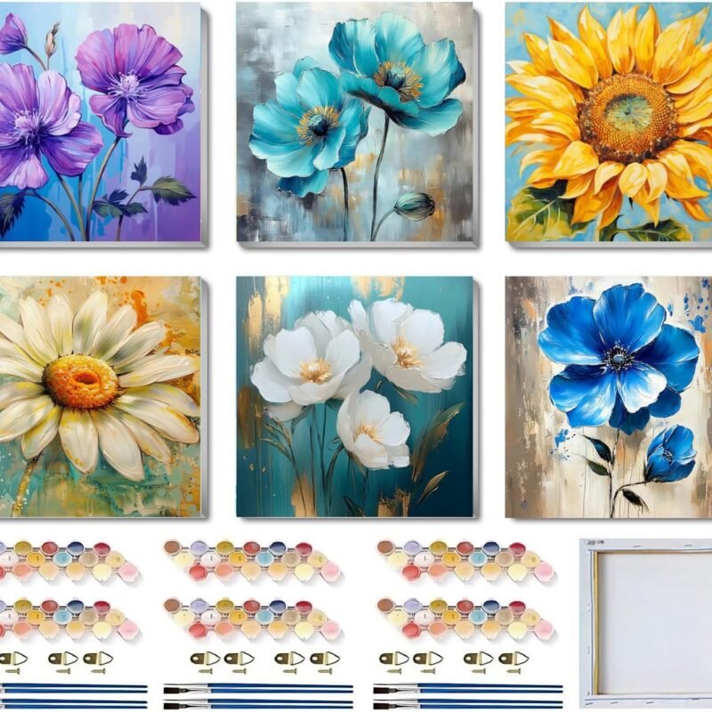 6 Pack Paint by Numbers Kit for Adults/Kids, Easy Framed Adults Paint by Numbers Kits, DIY Simple Flowers Acrylic Oil Painting Number Kits for Home Wall Decor (8 x 8 Inch)