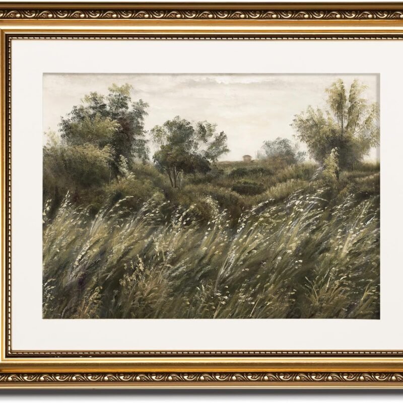 Gold Picture Framed Wall Art, Living Room Bathroom Vintage Wilderness Field Pictures Wall Decor, Grassland Canvas Print Art, Home Farmhouse Decor, Antique Paintings with Frames 13x16inch