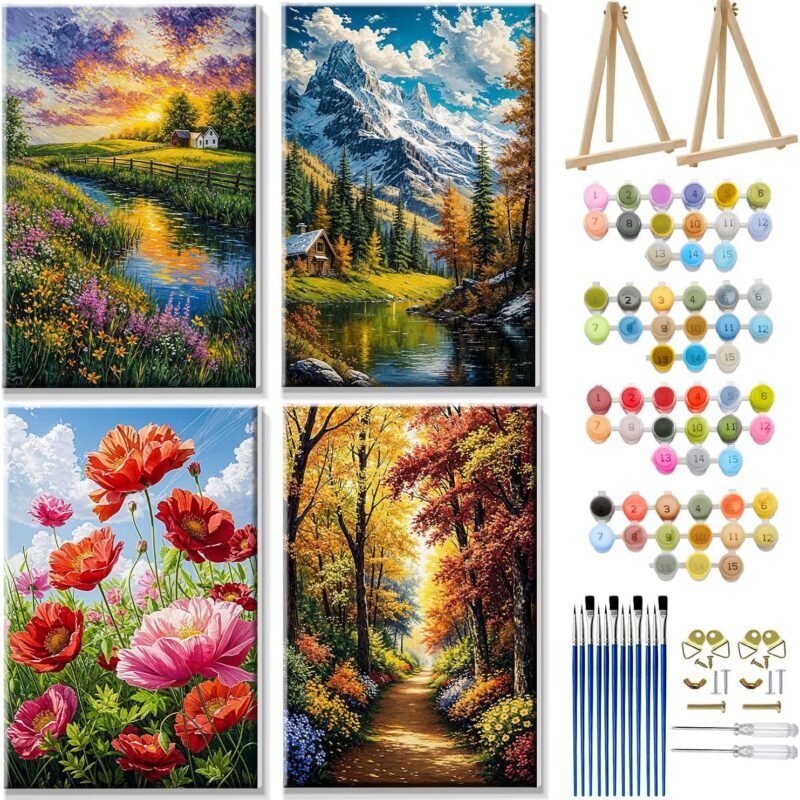 4 Pack Paint by Numbers Kit for Adults with Frame Landscape Paint by Number with Easel Flowers Adult Paint by Number Kit DIY Mountain Oil Painting Kits for Home Wall Decor 8x12 Inch