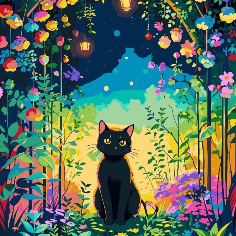 Paint by Numbers Black Cat, Paint by Number for Adults & Beginner Canvas, Animal Garden Landscape Oil Painting Kits, Perfect for Office Wall Decoration 16x20inch